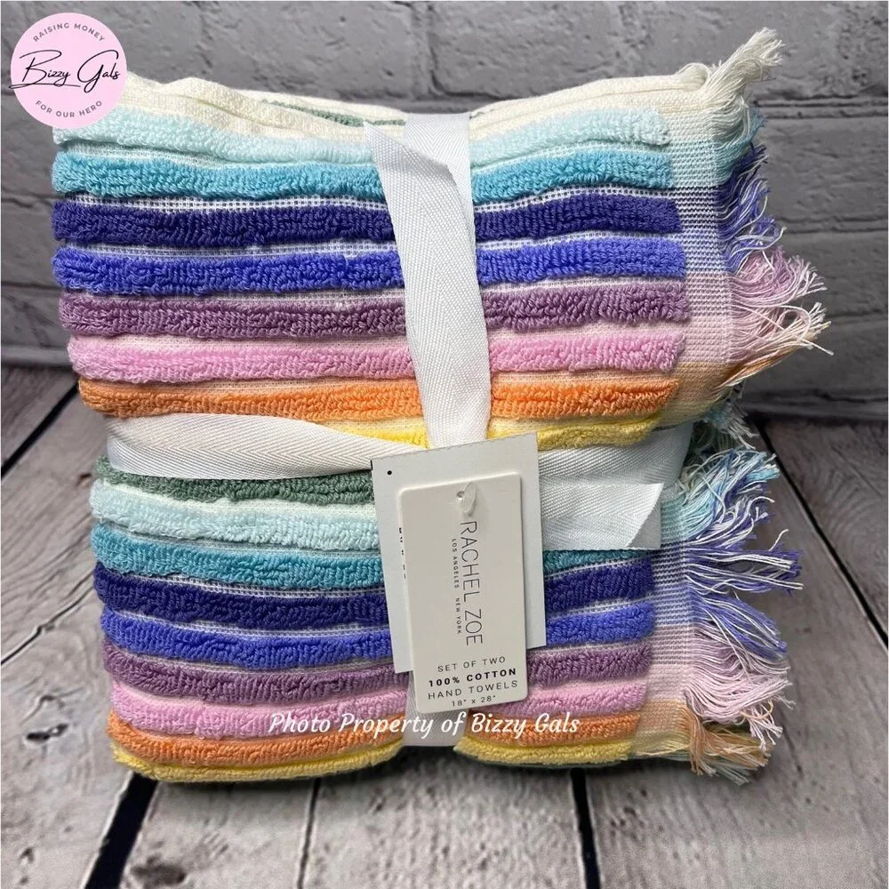 Rachel Zoe 2 Rainbow Hand Towels Set Pastel Stripe Fringe